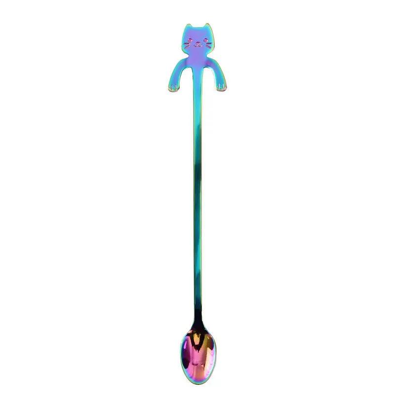 304 Stainless Steel Cat Handle Coffee Spoon With Hanging Hole Cartoon Design Colorful Options by null