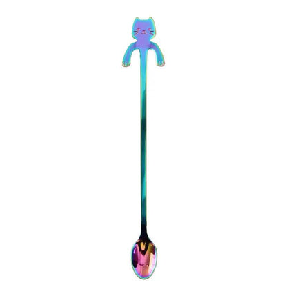 304 Stainless Steel Cat Handle Coffee Spoon With Hanging Hole Cartoon Design Colorful Options by null