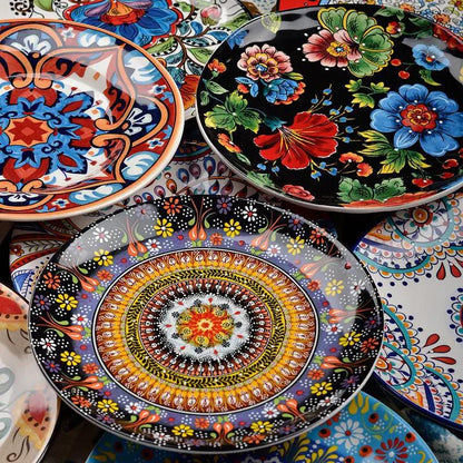 Bohemian Underglaze Ceramic Bowls Round Floral Design Artisanal Dinnerware Set For Everyday Table Decor by null
