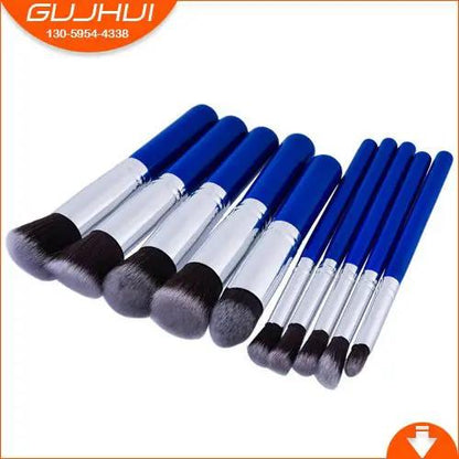 10 Piece Makeup Brush Set Nylon Bristles Wood Handle Portable Case Pink And Blue Tools For Foundation by null