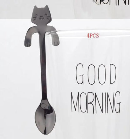 304 Stainless Steel Cat Handle Coffee Spoon With Hanging Hole Cartoon Design Colorful Options by null