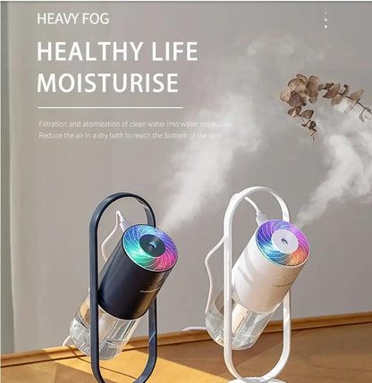 USB Ultrasonic Mini Air Humidifier With Projection Night Lights in black and white, compact home/office humidifier.