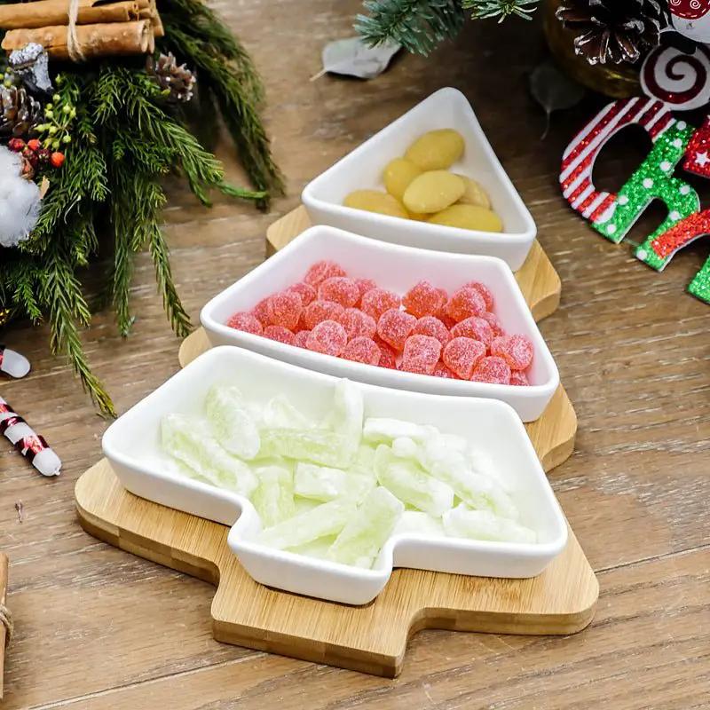 4 Piece Christmas Tree Ceramic Plates Set With Bamboo Stand For Holiday Serving Decoration And Gift by null