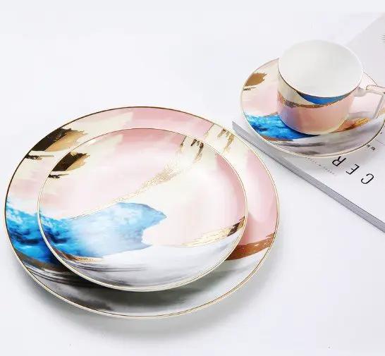 Watercolor Porcelain Dessert Plates With Gold Edge Trim For Elegant Table Setting And Fine Dining by null