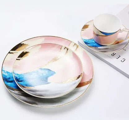 Watercolor Porcelain Dessert Plates With Gold Edge Trim For Elegant Table Setting And Fine Dining by null
