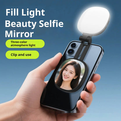 Mini Portable Mobile Phone Selfie Light With Magnetic Holder And Makeup Mirror Three Color Temperature Dimmable by null