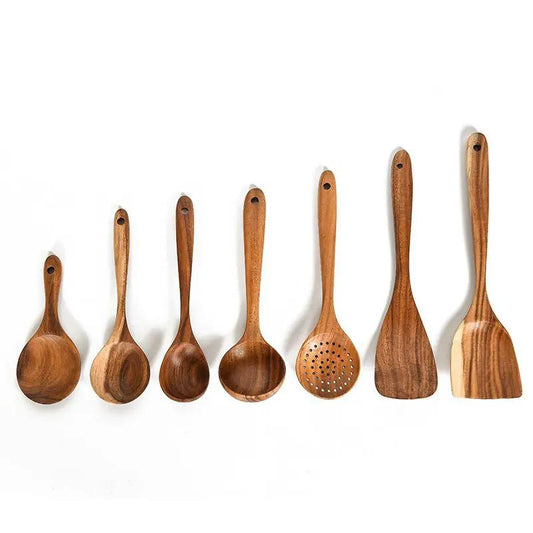 Teak Natural Wood Tableware Utensil Set With Spatulas Ladle Colander Rice Spoon And Soup Spoons by null