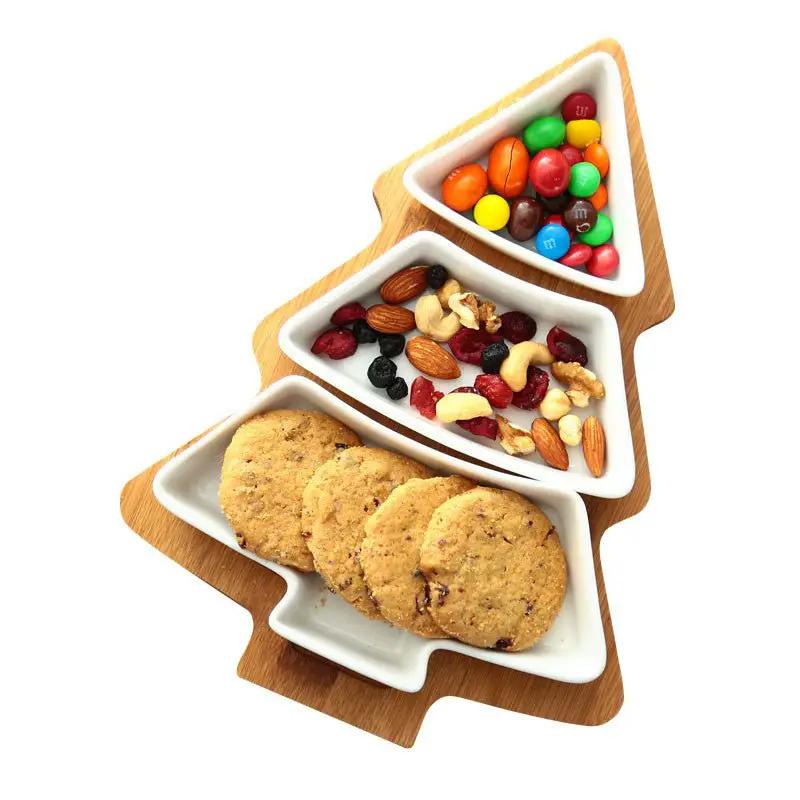 4 Piece Christmas Tree Ceramic Plates Set With Bamboo Stand For Holiday Serving Decoration And Gift by null