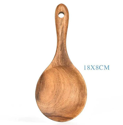Teak Natural Wood Tableware Utensil Set With Spatulas Ladle Colander Rice Spoon And Soup Spoons by null