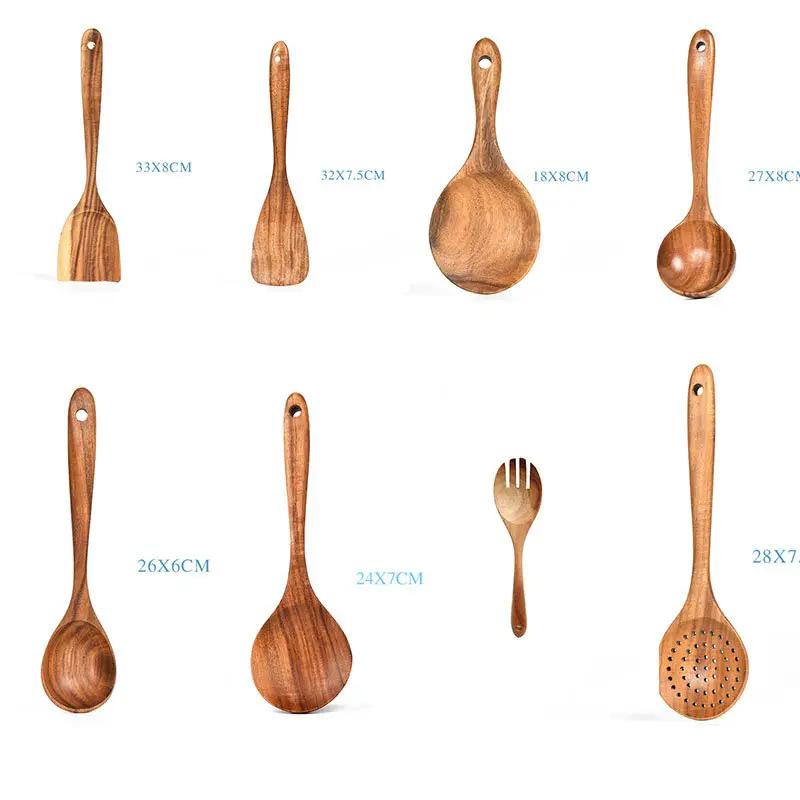 Teak Natural Wood Tableware Utensil Set With Spatulas Ladle Colander Rice Spoon And Soup Spoons by null