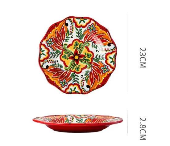 Bohemian Underglaze Ceramic Bowls Round Floral Design Artisanal Dinnerware Set For Everyday Table Decor by null