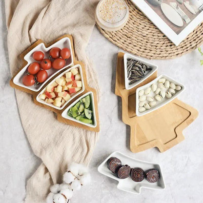 4 Piece Christmas Tree Ceramic Plates Set With Bamboo Stand For Holiday Serving Decoration And Gift by null