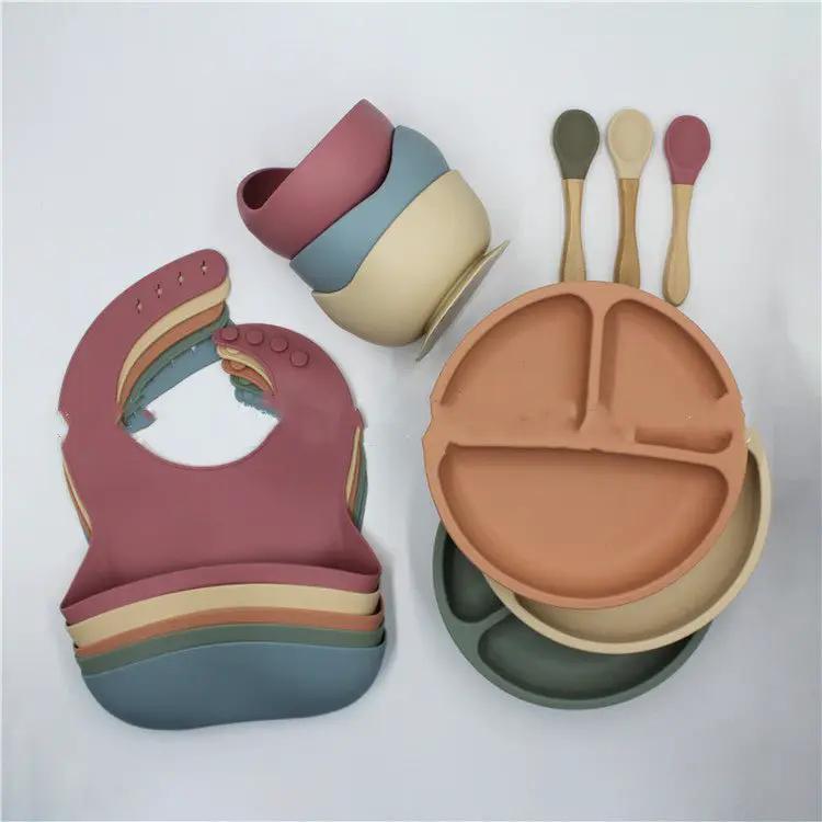 Silicone Baby Dining Set 4 Piece Bib Plate Bowl Spoon Non Slip Feeding Essentials For Toddlers by null