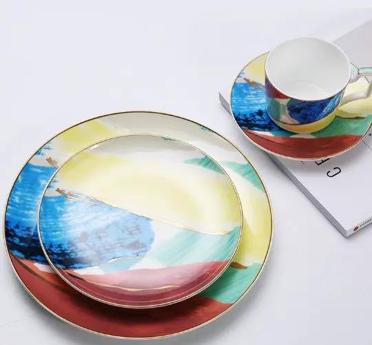 Watercolor Porcelain Dessert Plates With Gold Edge Trim For Elegant Table Setting And Fine Dining by null