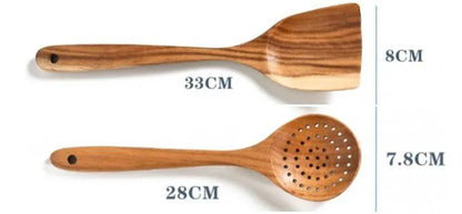 Teak Natural Wood Tableware Utensil Set With Spatulas Ladle Colander Rice Spoon And Soup Spoons by null