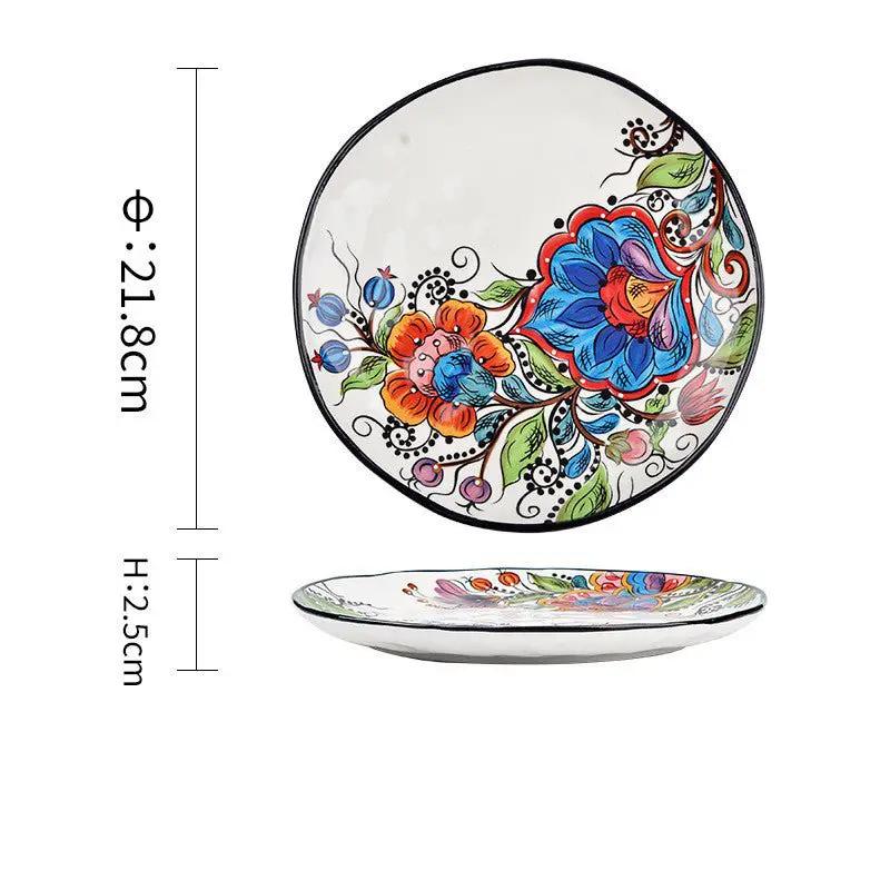 Bohemian Underglaze Ceramic Bowls Round Floral Design Artisanal Dinnerware Set For Everyday Table Decor by null