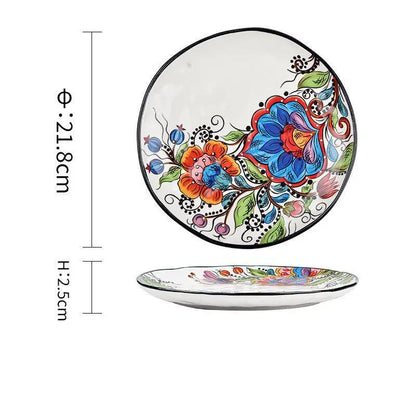 Bohemian Underglaze Ceramic Bowls Round Floral Design Artisanal Dinnerware Set For Everyday Table Decor by null