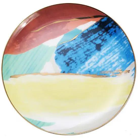 Watercolor Porcelain Dessert Plates With Gold Edge Trim For Elegant Table Setting And Fine Dining by null