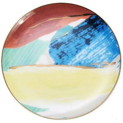 Watercolor Porcelain Dessert Plates With Gold Edge Trim For Elegant Table Setting And Fine Dining by null