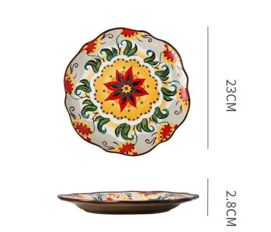 Bohemian Underglaze Ceramic Bowls Round Floral Design Artisanal Dinnerware Set For Everyday Table Decor by null