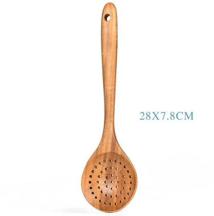 Teak Natural Wood Tableware Utensil Set With Spatulas Ladle Colander Rice Spoon And Soup Spoons by null