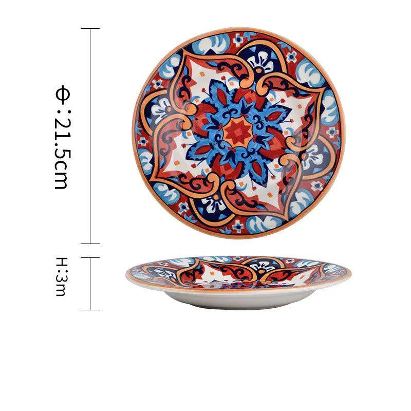 Bohemian Underglaze Ceramic Bowls Round Floral Design Artisanal Dinnerware Set For Everyday Table Decor by null