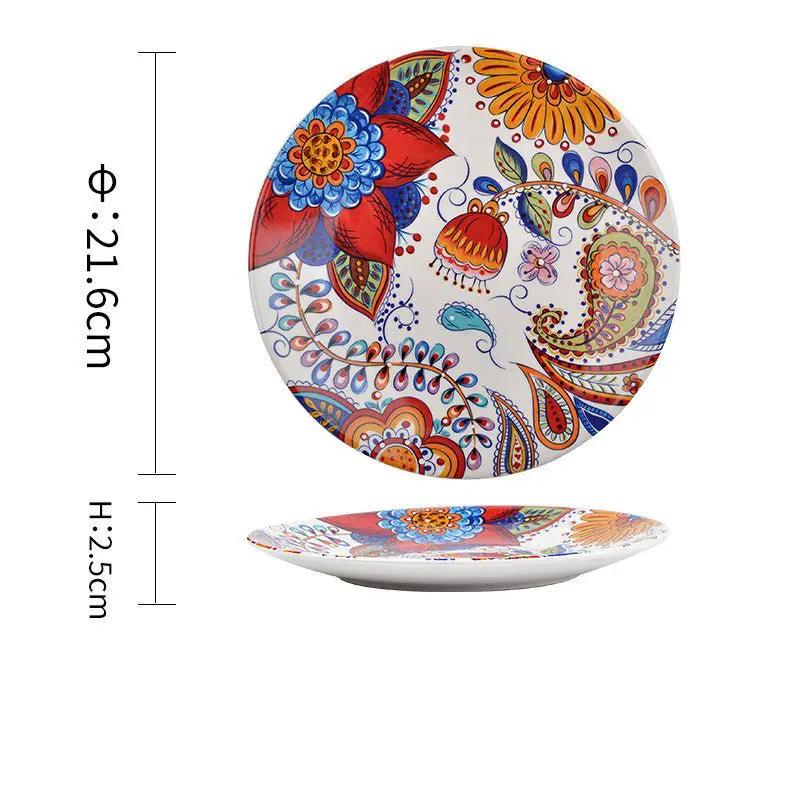 Bohemian Underglaze Ceramic Bowls Round Floral Design Artisanal Dinnerware Set For Everyday Table Decor by null