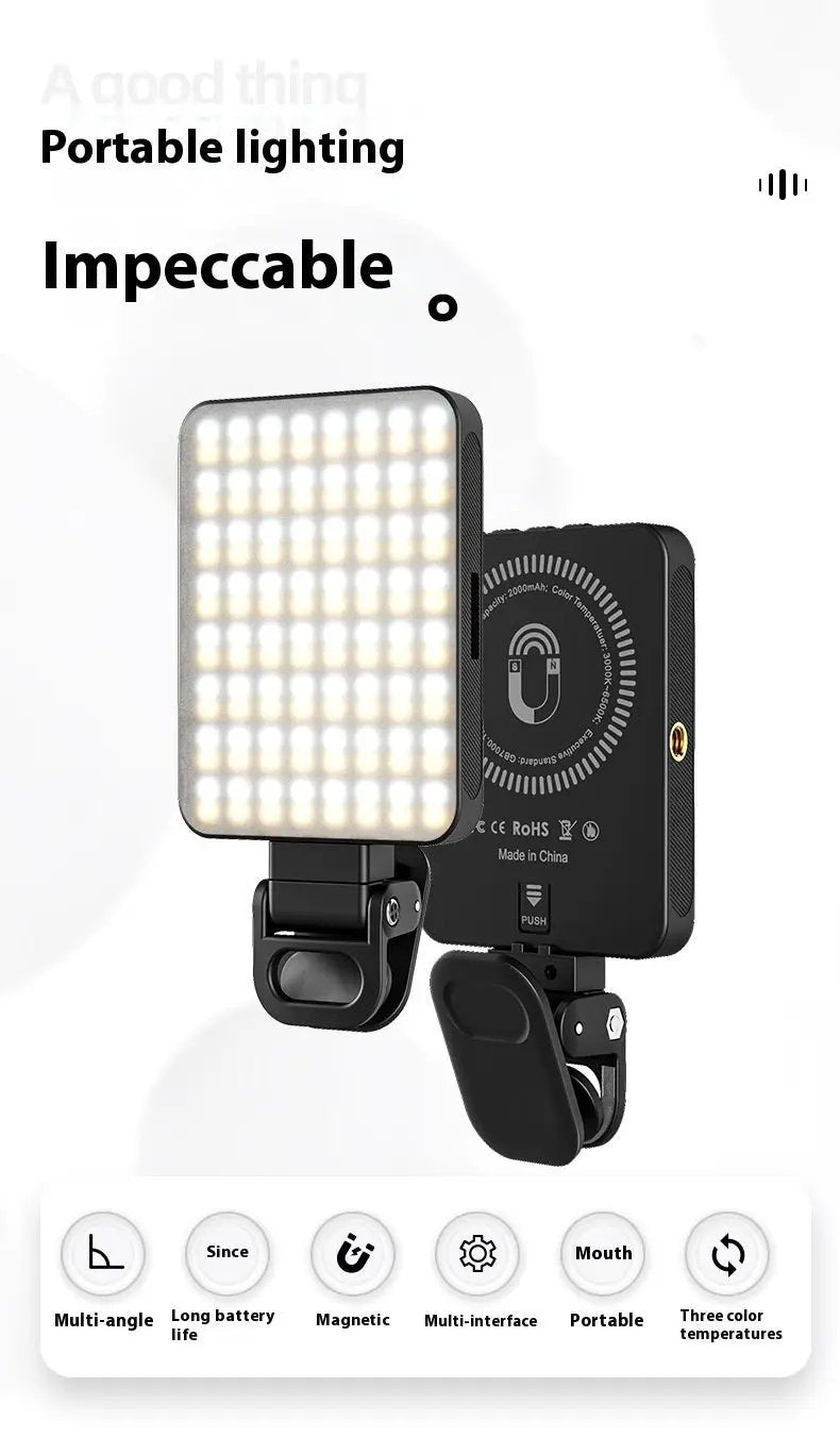 Magnetic LED Fill Light For Camera And Phone Three Color Temperature 3000K To 6500K 4W 2000mAh Battery Black by null