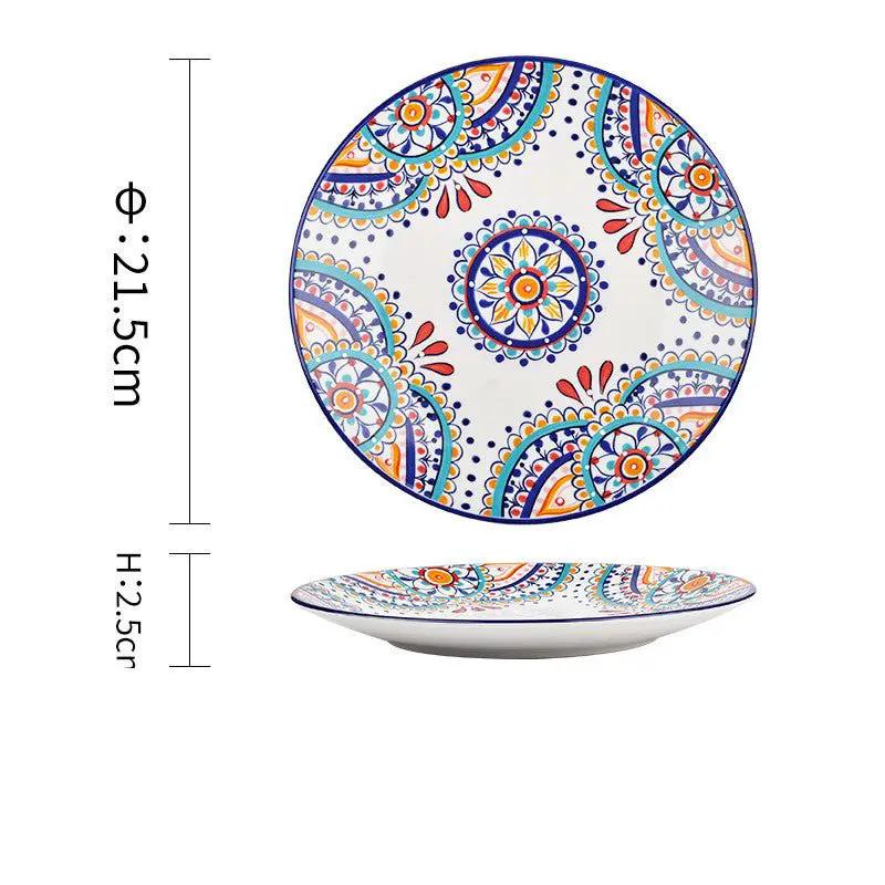 Bohemian Underglaze Ceramic Bowls Round Floral Design Artisanal Dinnerware Set For Everyday Table Decor by null