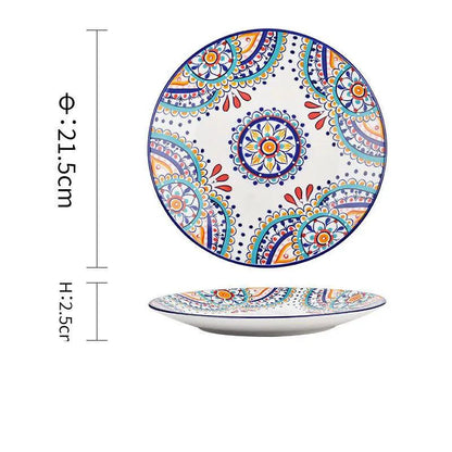 Bohemian Underglaze Ceramic Bowls Round Floral Design Artisanal Dinnerware Set For Everyday Table Decor by null