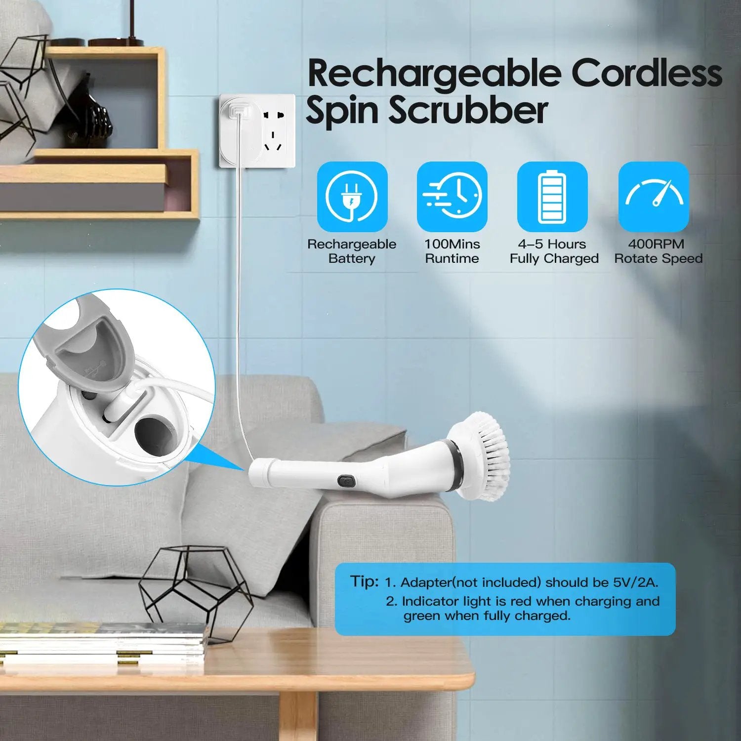 Electric Spin Scrubber Cordless Rechargeable Telescopic Cleaning Brush With 6 Replaceable Heads And Dual Speed by null