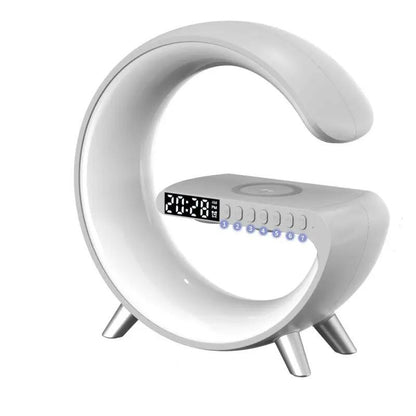 G-shaped LED lamp with Bluetooth speaker, wireless charger, and app control