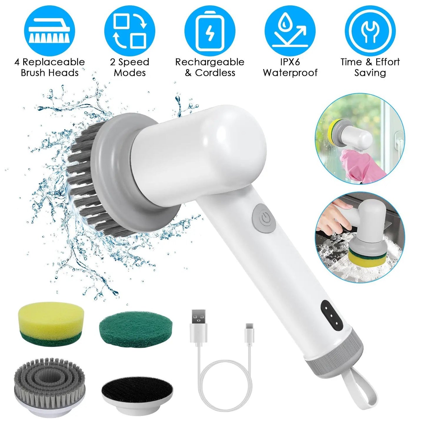 Handheld Cordless Spin Scrubber With 2 Speeds 3 Brushes Rechargeable Power For Kitchen Bathtub Sink Cleaning by null
