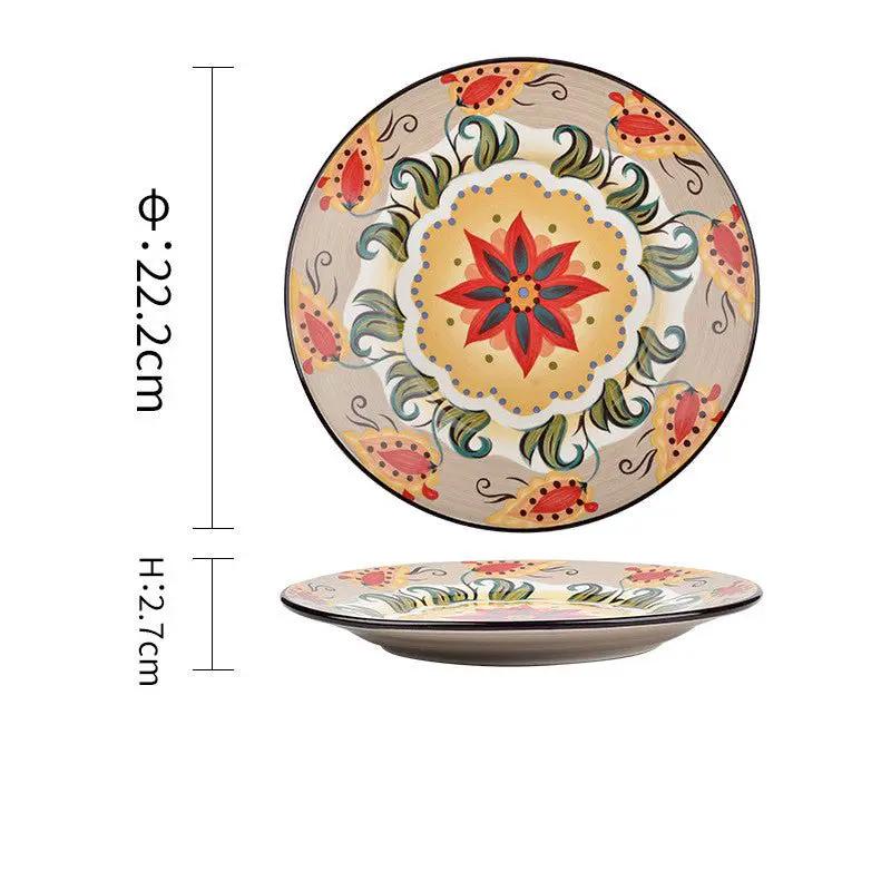 Bohemian Underglaze Ceramic Bowls Round Floral Design Artisanal Dinnerware Set For Everyday Table Decor by null