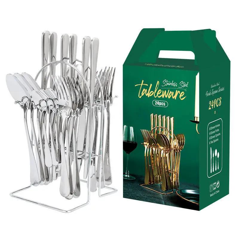 24 Piece Stainless Steel Dinnerware Set With Storage Rack Service For Six Tarnish Resistant And Corrosion Resistant by null