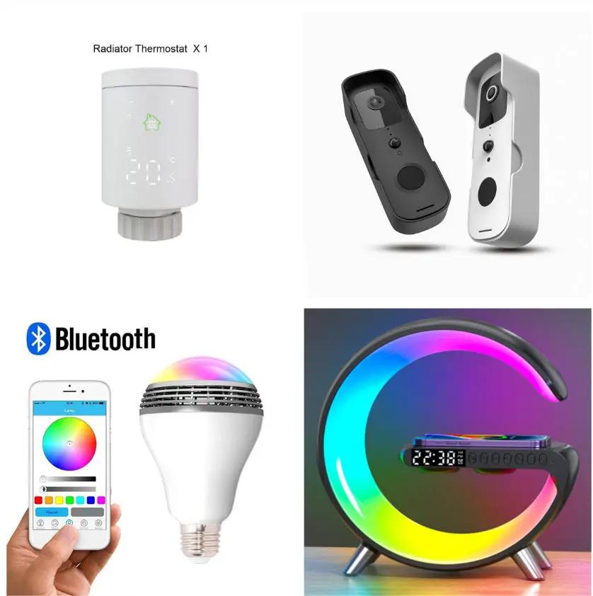 G-shaped LED lamp with Bluetooth speaker, wireless charger, and app control.