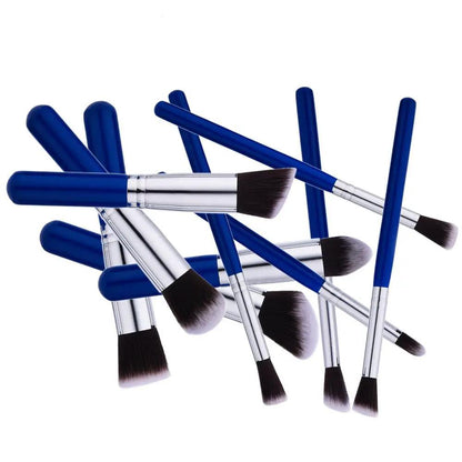10 Piece Makeup Brush Set Nylon Bristles Wood Handle Portable Case Pink And Blue Tools For Foundation by null