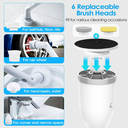 Electric Spin Scrubber Cordless Rechargeable Telescopic Cleaning Brush With 6 Replaceable Heads And Dual Speed by null