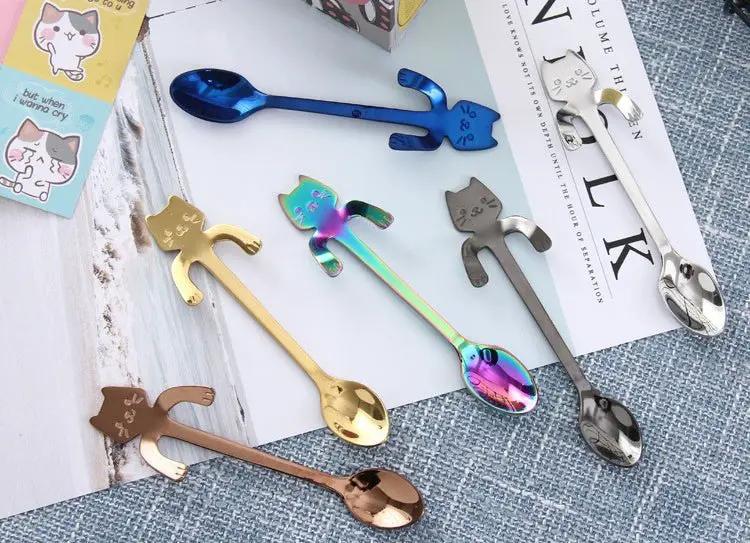 304 Stainless Steel Cat Handle Coffee Spoon With Hanging Hole Cartoon Design Colorful Options by null