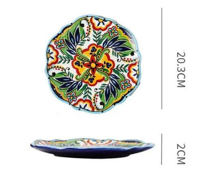 Bohemian Underglaze Ceramic Bowls Round Floral Design Artisanal Dinnerware Set For Everyday Table Decor by null