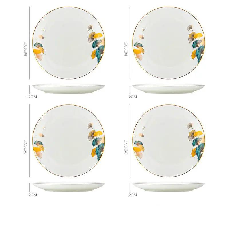 Nordic Style Porcelain Dinner Plates Set Ceramic Round Plates With Plants And Flowers Design by null