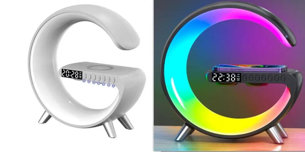 G-shaped LED lamp with Bluetooth speaker, wireless charger, app control; white model beside RGB-lit variant with phone dock.