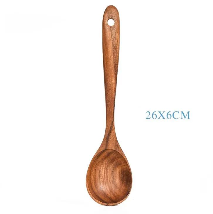 Teak Natural Wood Tableware Utensil Set With Spatulas Ladle Colander Rice Spoon And Soup Spoons by null