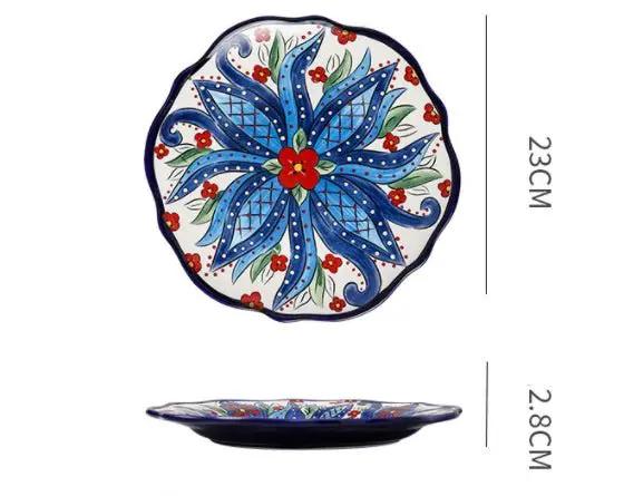Bohemian Underglaze Ceramic Bowls Round Floral Design Artisanal Dinnerware Set For Everyday Table Decor by null