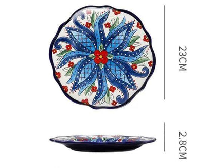 Bohemian Underglaze Ceramic Bowls Round Floral Design Artisanal Dinnerware Set For Everyday Table Decor by null