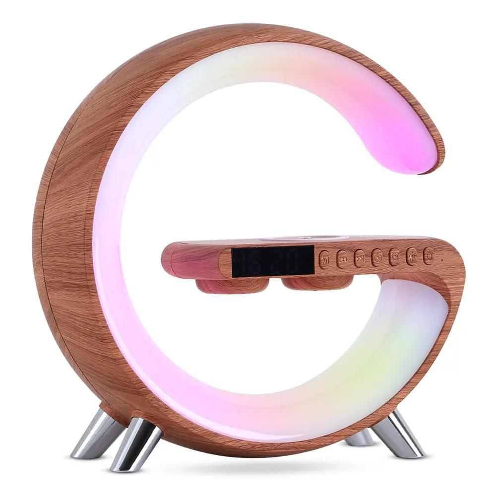 G-shaped LED lamp with Bluetooth speaker, wireless charger, and app control in wood finish.