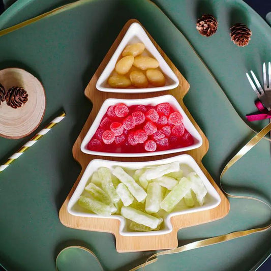 4 Piece Christmas Tree Ceramic Plates Set With Bamboo Stand For Holiday Serving Decoration And Gift by null