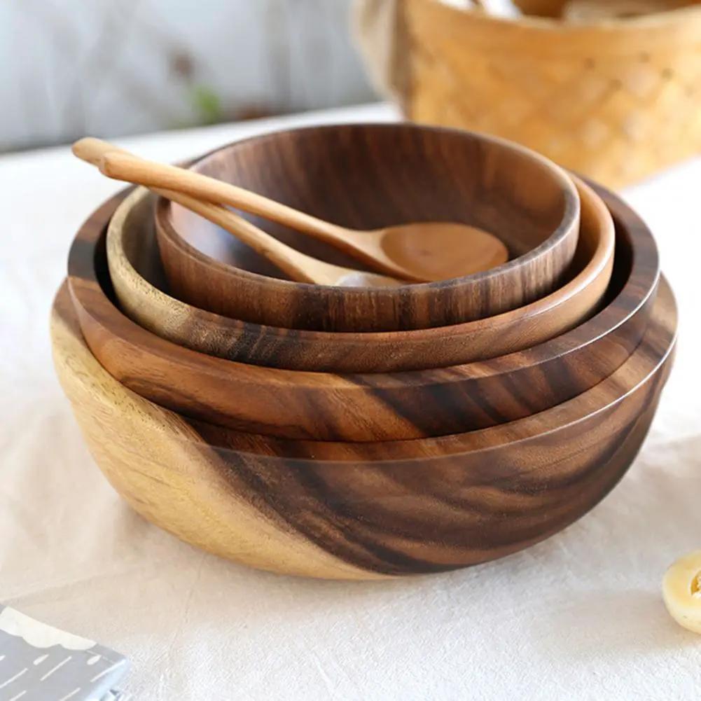 Handmade Wooden Bowl Natural Wood Kitchen Fruit Salad Bowl Japanese Style Decorative Lightweight Non Slip Heat Resistant by null