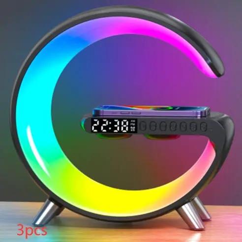 G-shaped LED lamp with Bluetooth speaker, wireless charger, and app control; multicolor ring glow.