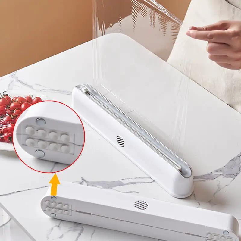 Wall Mounted Cling Film Cutter With Suction Cup Storage Box Kitchen Organizer White Modern Design by null